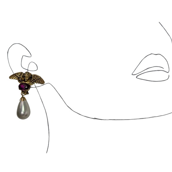 Vintage 80s Earrings Oversize Cherub Angel Clip Statement Faux Pearl Teardrop - Picture 5 of 8